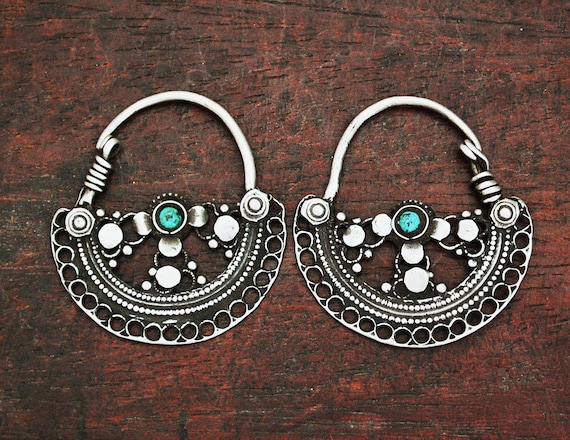 Antique Afghani Hoop Earrings with Turquoise - Afg