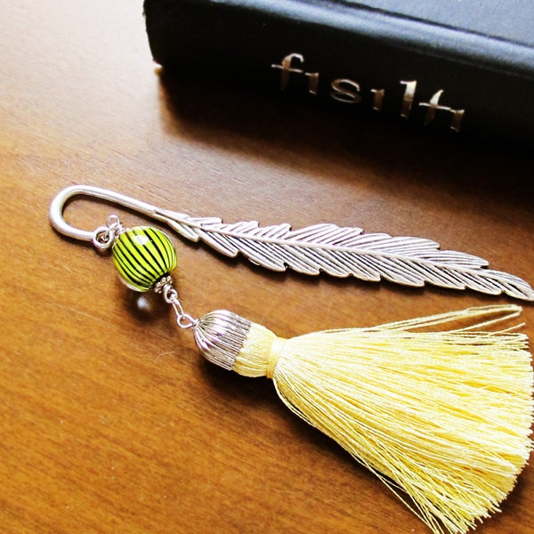 Metal Bookmark Yellow Black Beaded Bookmark with Tassel Lampwork Glass Bead Bookmark Beadwork Fashion Accessories Girl Gift Ideas For Her