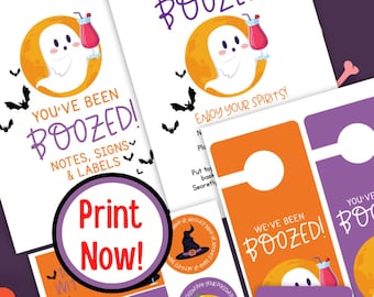 May include: Halloween-themed printables with the text "You've Been Boozed!" featuring a cartoon ghost holding a cocktail, bats, and the words "Notes, Signs & Labels". Includes door hangers and stickers. The words "Print Now!" are also visible.