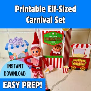 May include: A festive carnival set for elves, featuring miniature stands for cotton candy and popcorn, along with a ticket booth. The set includes an elf doll holding cotton candy and an ice cream cone. Text on the image reads "Printable Elf-Sized Carnival Set".