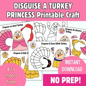 Printable Disguise a Turkey Craft Fairytale Inspired, 8 Princess Turkey Costumes, Instant Download Thanksgiving Kids Activity