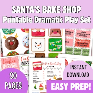 Puede incluir: Un juego dramático imprimible "Santa's Bake Shop" con ilustraciones coloridas de galletas, donuts y un menú. El conjunto incluye 30 páginas y presenta el texto "¡Descarga instantánea!" y "¡Fácil preparación!"