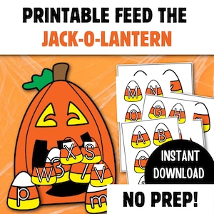 Op de afbeelding: Een printbare Halloween-activiteit met een oranje pompoen en snoepmaïsbrieven. De afbeelding bevat de tekst "PRINTABLE FEED THE JACK-O-LANTERN" en "INSTANT DOWNLOAD NO PREP!"