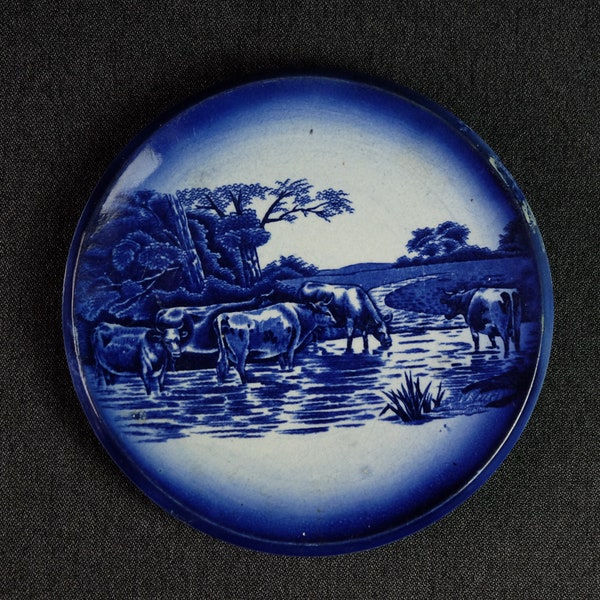 Vintage  Arthur Wood & Son, Longport, England Teapot Stand, Highland Cattle Design,Blue and White Pottery,AWL,1930's
