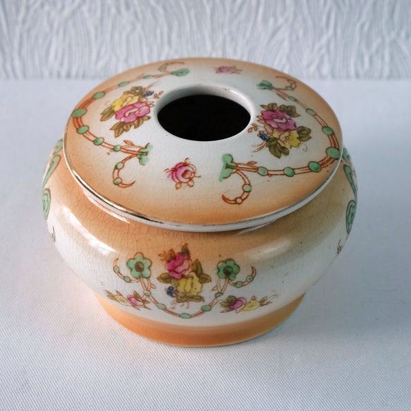 Vintage Victorian Floral Hair Receiver/Jar/1920's/Ceramic Lidded Hair Receiver/Bathroom Decor/Vanity Container/Dressing Table Hair Receiver.