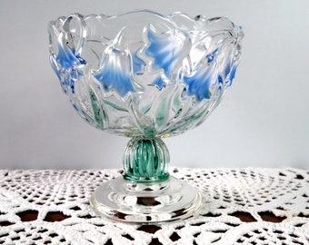 Beautiful Vintage Footed Sugar Bowl,Frosted Glass Bluebells,Clear and Frosted Glass Dish,Tableware,Kitchenalia,Footed Bowl,Pedestal Bowl