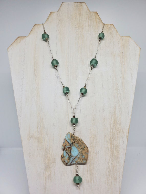 Green and Brown Swirled Lampwork and Wood Bead Necklace Sterling Silver Adjustable - Made in the USA Green and Brown Swirled Lampwork and Wood Bead Necklace Sterling Silver Adjustable - Made in the USA