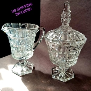 Cream and Sugar Covered Sugar Bowl Pedestal Creamer Clear Glass Checks Engraved Vintage FREE SHIPPING
