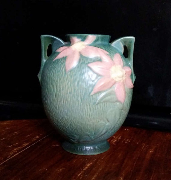 Roseville Clematis Vase 107 8 Pink Green Deco Handles Etsy