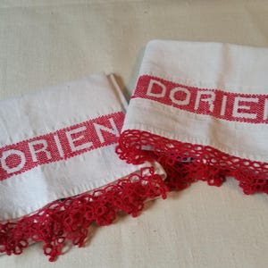 DORIEN Hand Embroidered Tea Towels Vintage Counted Thread Tatting Dishtowels Bombay Dyeing Red FREE SHIPPING