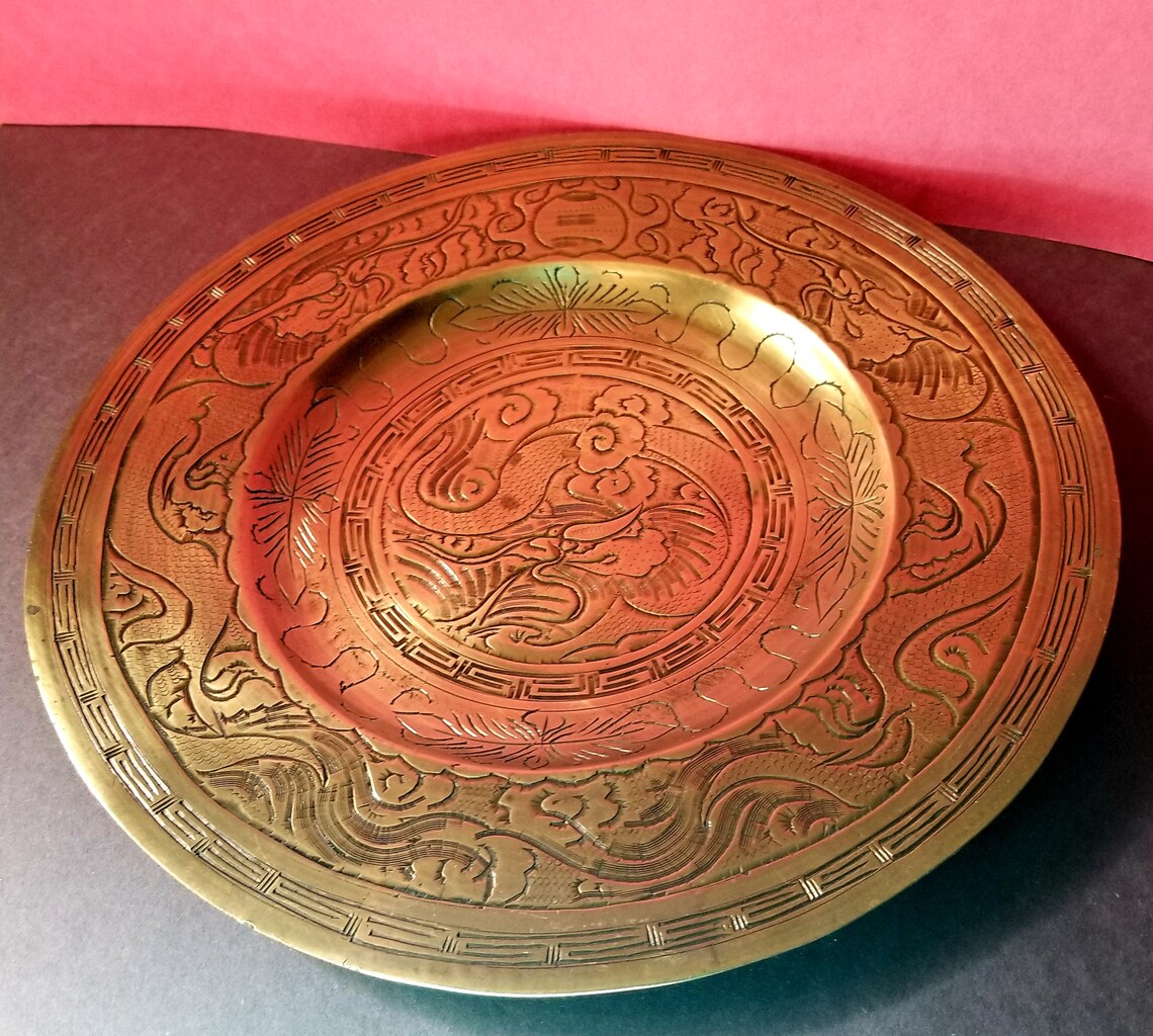 Vintage Chinese Engraved Brass Plate Dragon Design Hand Etsy