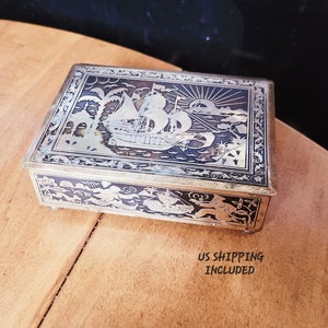 Box Engraved Brass on Wood Vintage Exotic Sailing Ship Monopoly Man 5 x 4 FREE SHIPPING