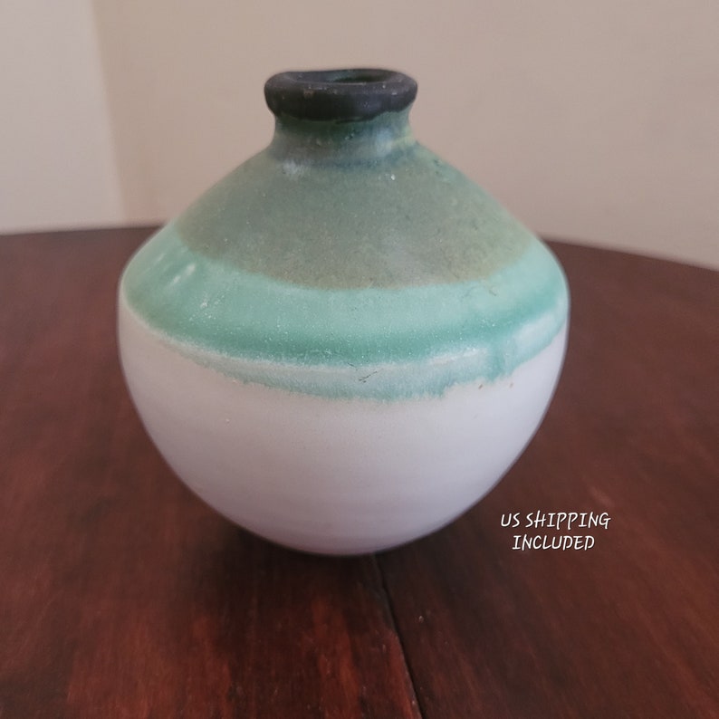 Bud Vase Hand Thrown Pottery White Green Black Matte Glaze Vintage FREE ...