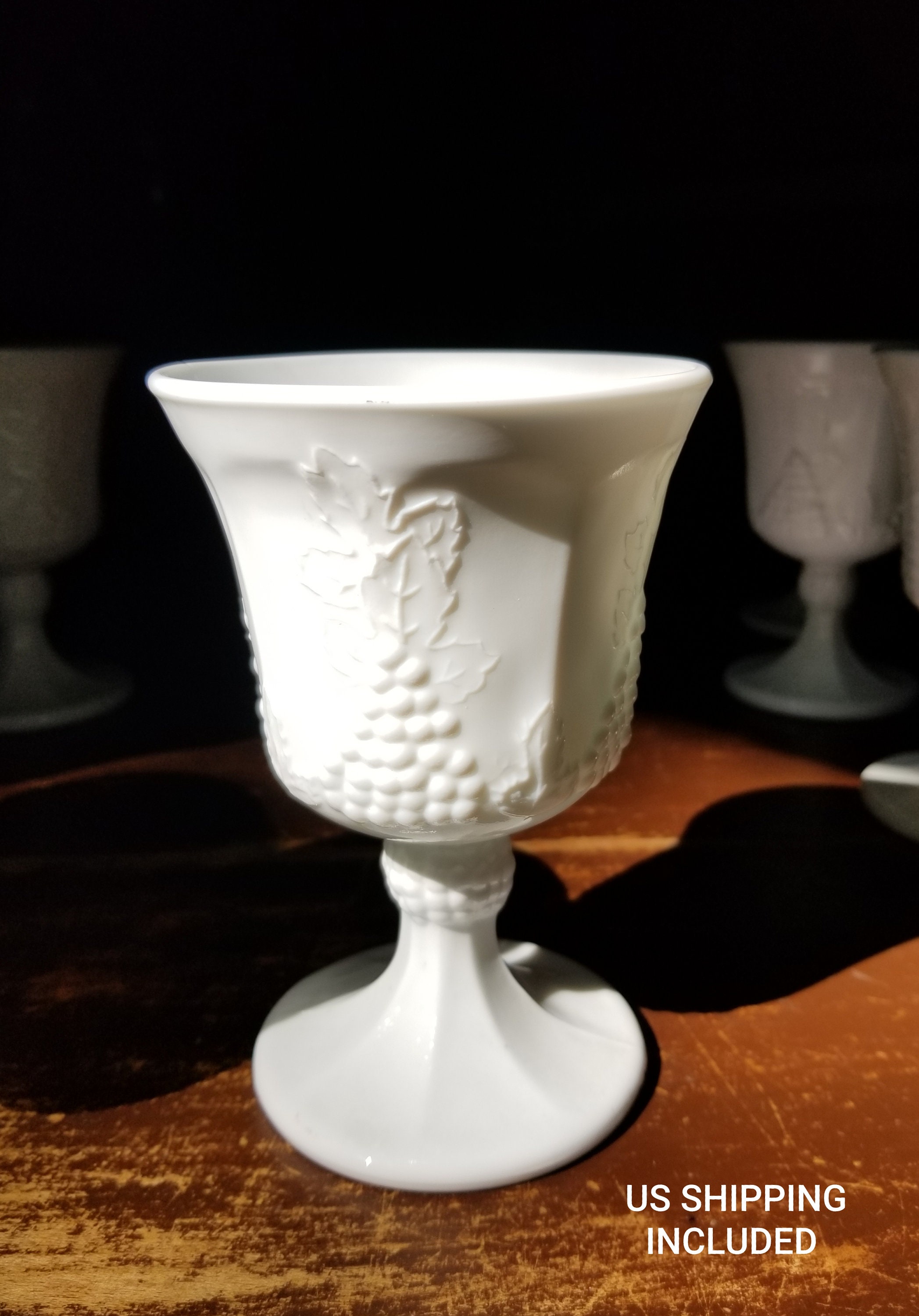 Set of 8 Colony Harvest Grape Glasses plus Salt and Pepper set Vintage milk glass set of 8 White Goblets harvest grape Indiana glass company main image 2