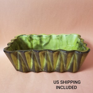 Planter Yellow Brown Pottery Pleated Mid Century USA 1960s Upco 278 Vintage FREE SHIPPING