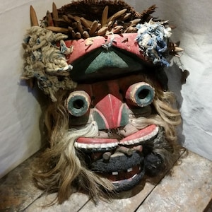 African Mask Carved Wood Bullets Fibers Polychrome Tribal Antique FREE SHIPPING