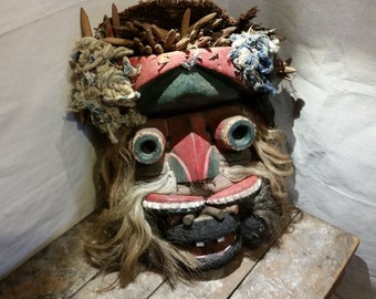 African Mask Carved Wood Bullets Fibers Polychrome Tribal Antique FREE SHIPPING