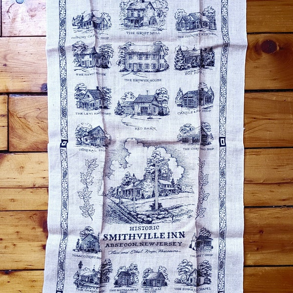 Linen Tea Towel Smithville Inn Absecon NJ Local History 1980s Vintage Kitchen Towel Pure Linen Warren Boucher FREE SHIPPING