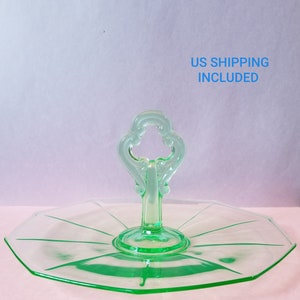 Green Depression Glass Serving Platter with Center Handle FREE SHIPPING