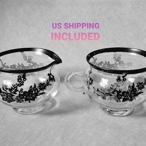 Cream and Sugar Set Glass Creamer Sugar Bowl Sterling Silver Overlay Floral Mid Century Vintage FREE SHIPPING