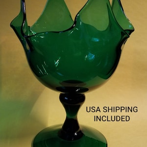 Compote Pedestal Candy Bowl Green Art Glass Handkerchief Vase Hand Made Blown Glass Mid Century Vintage FREE SHIPPING