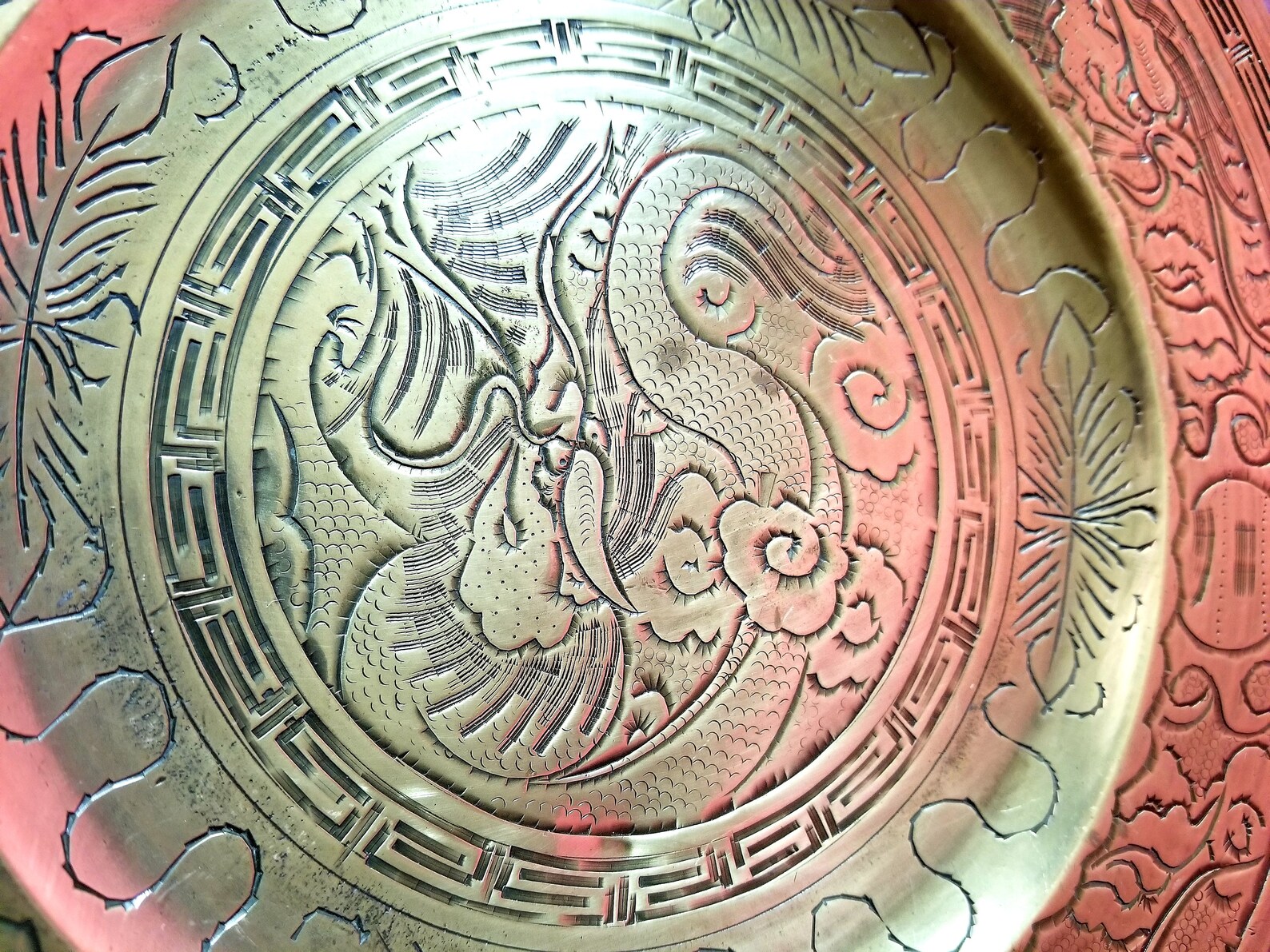 Vintage Chinese Engraved Brass Plate Dragon Design Hand Etsy