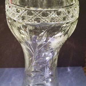 Tall Crystal Corset Vase Hand Cut Intaglio Daisies Plumes Leaves Floral FREE SHIPPING