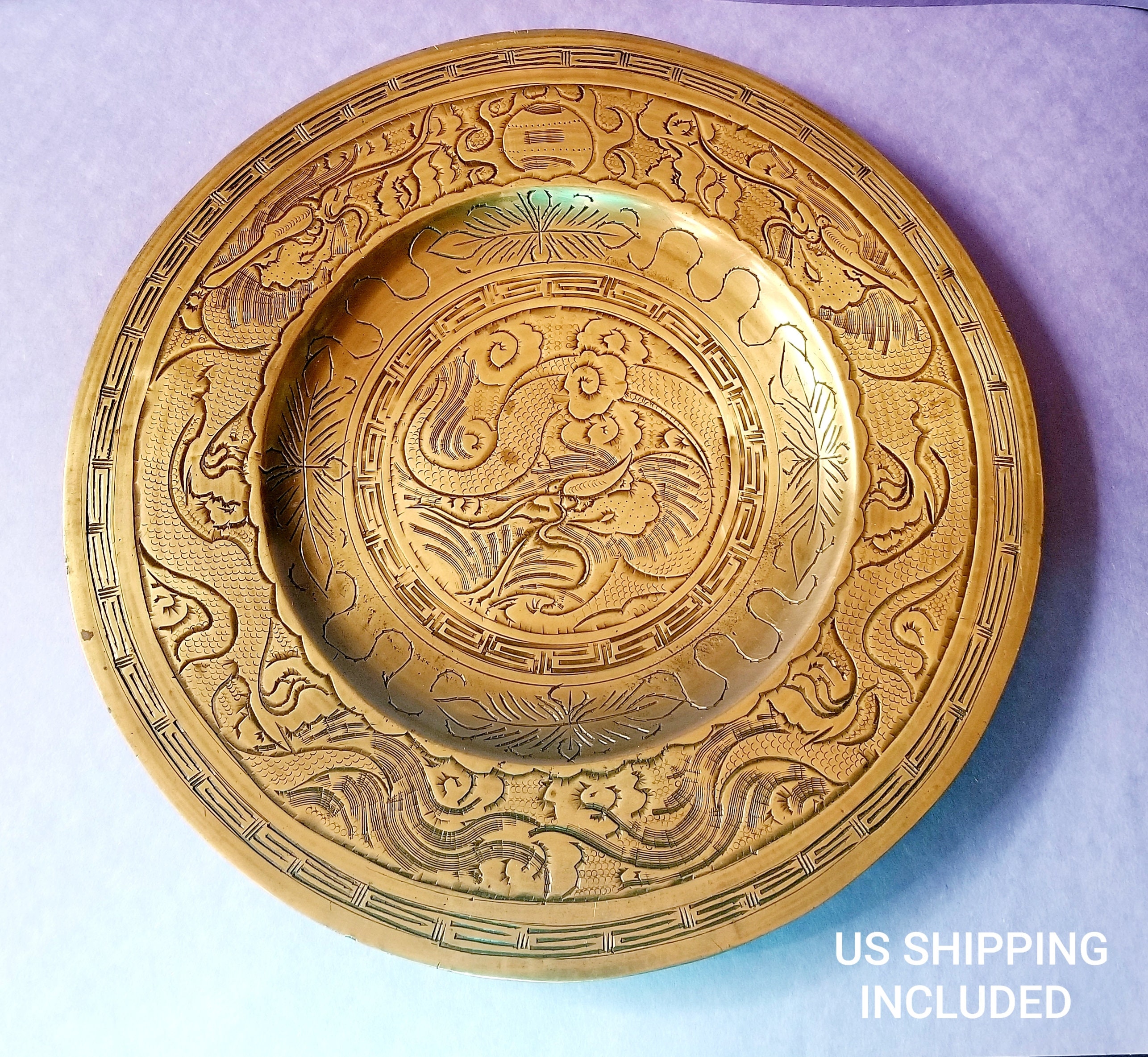 Vintage Chinese Engraved Brass Plate Dragon Design Hand Engraved FREE  SHIPPING 