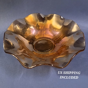 Fruit Bowl Irises Herringbone Vintage Jeannette Glass Carnival Glass Iridescent 12 Inch Diameter FREE SHIPPING