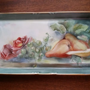 Hand Painted Tray Ceramic Romantic Roses Grapes Gilded Blue Signed Vintage Oblong Tray FREE SHIPPING