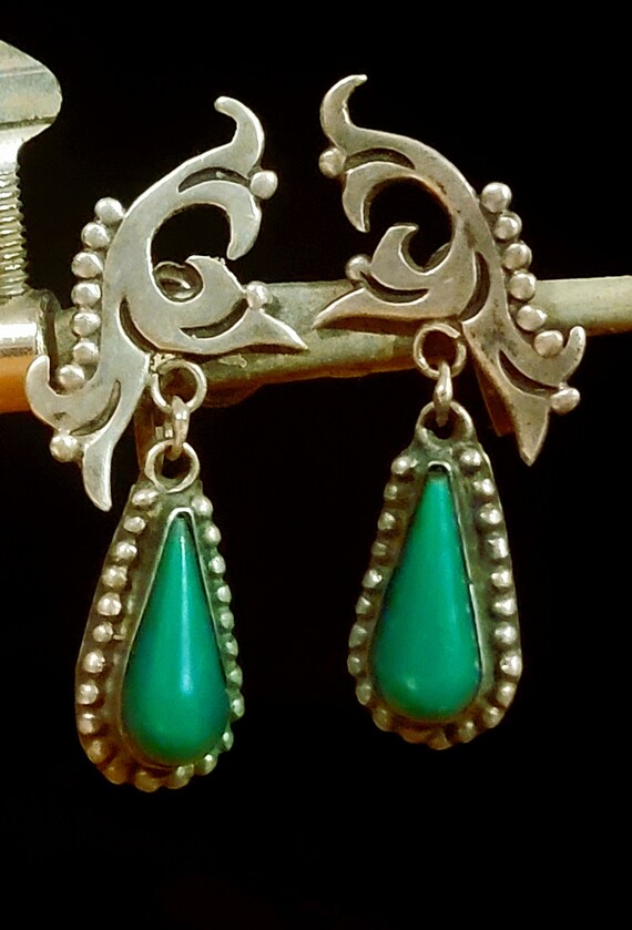 Earrings Silver Mexico Screwback Dangle Green Onyx