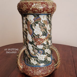 Lamp Base or Vase Satsuma Moriage Dragons in Stormy Sky Hand Painted 1940s Vintage 12 Inches FREE SHIPPING