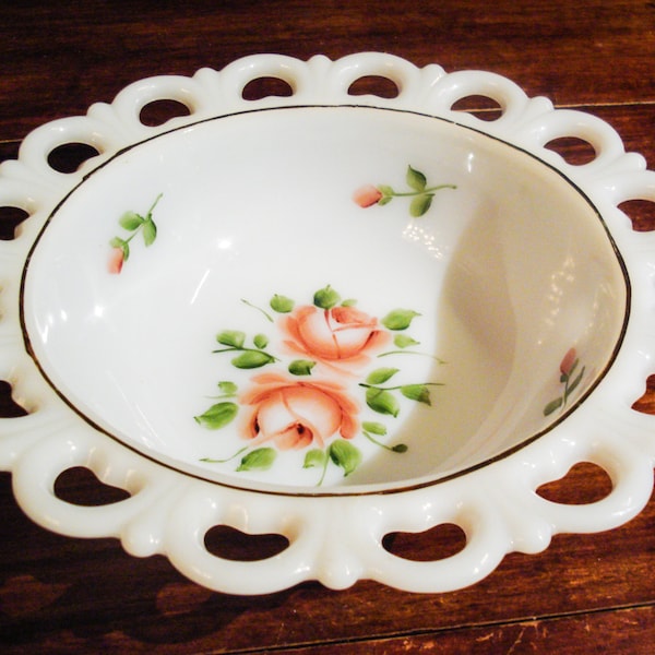 Milk Glass Bowl Hand Painted Gay Fad Lace Edge Vintage Milk Glass FREE SHIPPING