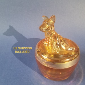 Trinket Box Marigold Carnival Glass Scottie Dog Jeannette Glass Iridescent 1950s Vintage Powder Box FREE SHIPPING
