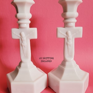 Pair of Candlesticks Crucifix Gillinder & Sons EAPG Early American Pattern Glass Candle Holders Antique 1890s Vintage FREE SHIPPING