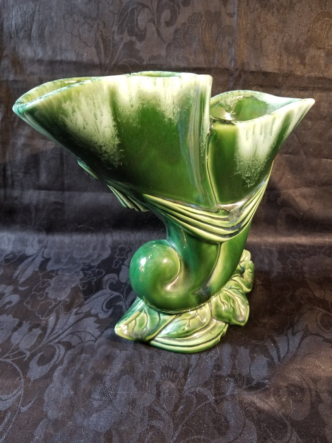 Double Cornucopia Vase Dark Green White Drip Glaze Deco 1940s Vintage ...