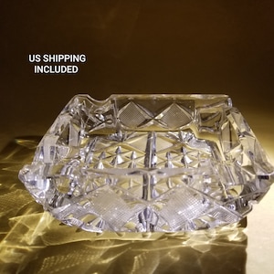 Ashtray Hand Cut Crystal 4 Inch Square 1950s Vintage FREE SHIPPING