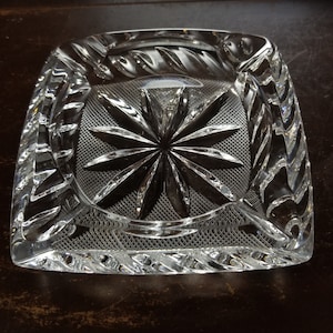 Crystal Ashtray Square Daisy Star Crosshatch Midcentury Vintage FREE SHIPPING