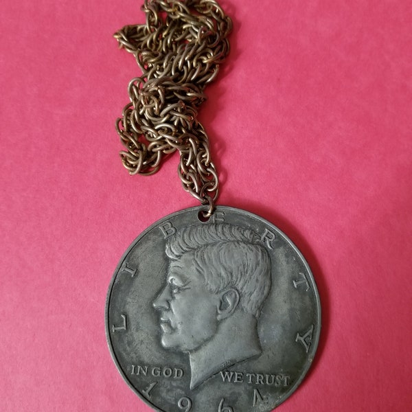 JFK Pendant Large Aluminum 1964 Half Dollar Groovy Necklace 1960s Vintage Costume Jewelry John F. Kennedy FREE SHIPPING