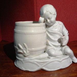 Drunk Boy Leaning on a Cask Vintage Porcelain Drunken Child Figurine Alcohol Underage Drinking FREE SHIPPING