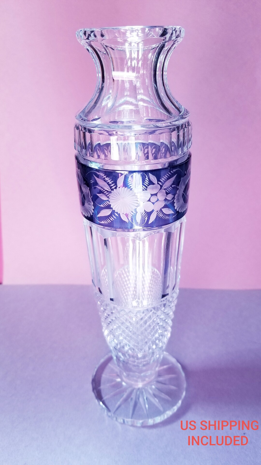 Vintage Crystal Vase Blue Cut to Clear Floral Design Amphora Shaped