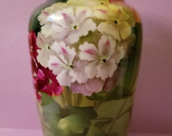 Vase Habsburg Porcelain Geraniums Hand Painted Signed Austria 1900 Vintage 10" Floral FREE SHIPPING