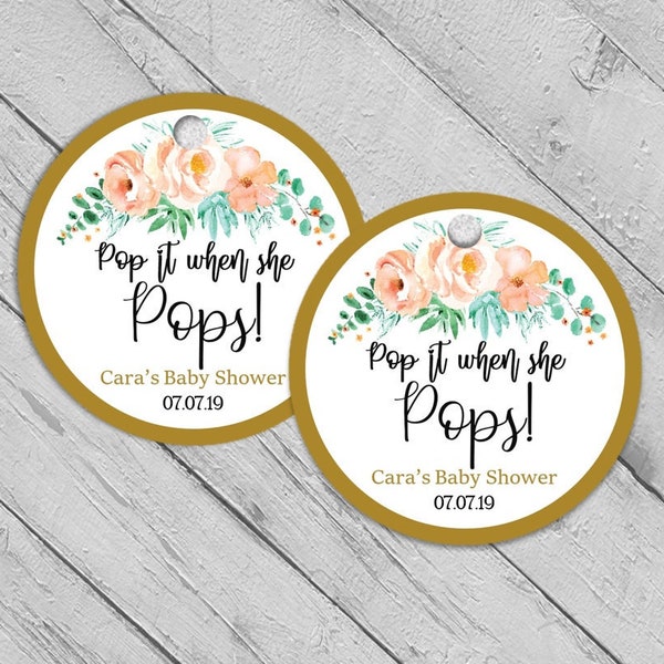 Pop It When She Pops Peach Gold and Mint Floral Champagne Tags, Peach and Mint Favor Tags, Floral Baby Shower Thank You Tags