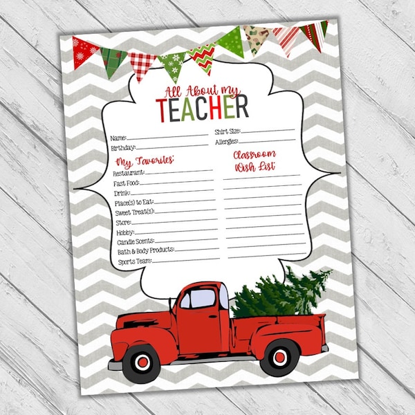 Christmas Wish List for Teachers, Teacher Wish List, Teacher Questionnaire, Gift Ideas for Teachers