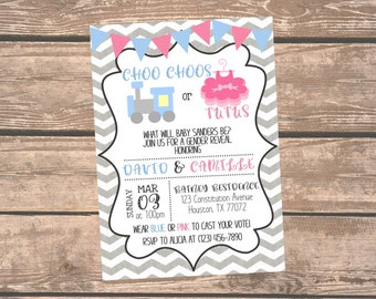 Choo Choos or Tutus Gender Reveal Party Invitation, Gender Reveal Ideas, Gender Reveal Invitation, He or She, Boy or Girl, Mister or Misses