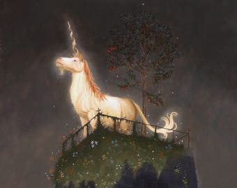 May include: A white unicorn with a glowing horn stands on a rooftop garden with a small tree and a girl looking out of a window. The scene is set at night with a dark sky and twinkling stars.
