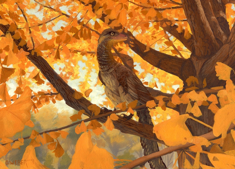 May include: A detailed painting of a dinosaur-like creature perched on a tree branch, surrounded by vibrant orange and yellow autumn leaves. The artwork captures the essence of fall with its warm color palette and detailed depiction of the prehistoric animal.