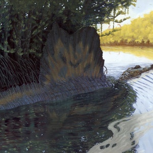 以下が含まれることがあります： 川に半分沈んだ巨大な古代の海の生き物の絵。生き物の背中はうろこで覆われており、尾が水中に見えています。川は木々に囲まれ、水は薄い青色をしています。