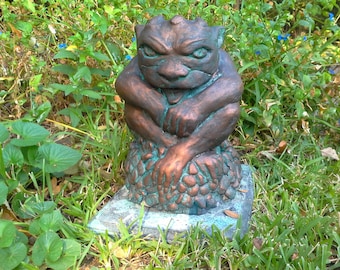 Garden Gargoyle Cement Statue hand finished in bronze with aged tiffany patina