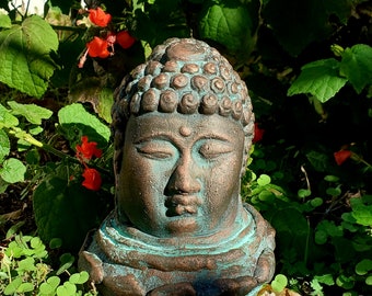 Buddha head sculpture, statue cast in cement and hand finished in bronze with aged patina by D'Nell Sherbet Gable Gargoyles